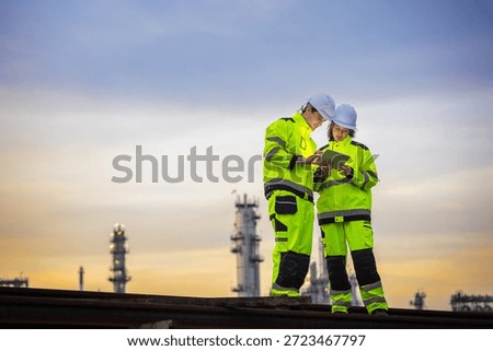 Engineers Using Digital Tablet for Technical Inspection at Oil Refinery Site During Twilight, Multi-Ethnic Engineering Team Collaborating on Energy Project at Industrial Plant Background