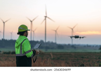 Engineers using a drone to check wind turbines from above during a beautiful sunset. A way to work with technology and support clean energy for the future.