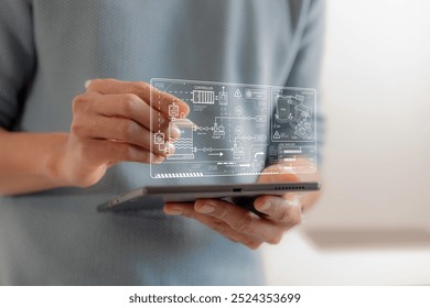Engineers using VR technology reading holographic screens showing various piping and control systems within the plant,Factory Engineers are inspecting manufacturing processes.