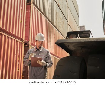 Engineers walking and checking condition Forklift container .