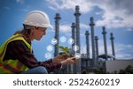 Engineers wear safety gear inspecting or document related to plants environment features large industrial chimneys related energy industrial work and environmental monitor carbon credit concept.