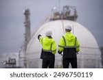 Engineers wearing safety gear, including hard hats examining survey a large blueprint tablet standing industrial facility gas or oil refinery engaged in a job requires high safety standards concept.