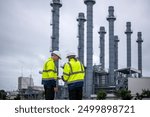 Engineers wearing safety gear, including hard hats examining survey a large blueprint tablet standing industrial facility gas or oil refinery engaged in a job requires high safety standards concept.