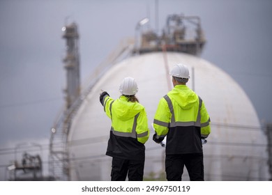 Engineers wearing safety gear, including hard hats examining survey a large blueprint tablet standing industrial facility gas or oil refinery engaged in a job requires high safety standards concept. - Powered by Shutterstock