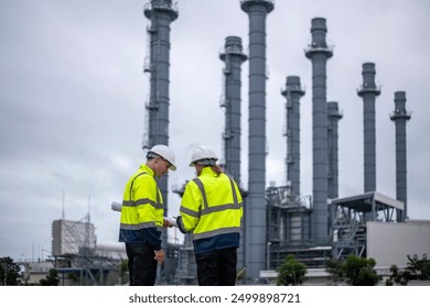 Engineers wearing safety gear, including hard hats examining survey a large blueprint tablet standing industrial facility gas or oil refinery engaged in a job requires high safety standards concept. - Powered by Shutterstock