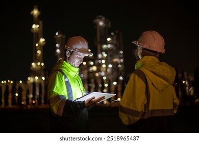 Engineers wearing safety gear, including hard hats examining survey are using tablet collaborating and discussing on screen work plant site use with night lights of oil refinery industry background. - Powered by Shutterstock