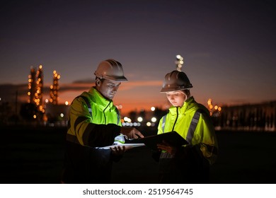 Engineers wearing safety gear, including hard hats examining survey are using tablet collaborating and discussing on screen work plant site use with night lights of oil refinery industry background. - Powered by Shutterstock