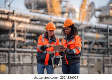 Engineers wearing safety gear, including hard hats examining survey tablet standing industrial facility gas task or oil refinery engaged in a job requires high safety standards concept. - Powered by Shutterstock