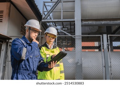 Engineers work place to keep liquid helium,preventive maintenance schedule checking,Thailand people,Technicians and engineers discuss work together.