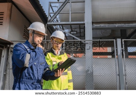 Engineers work place to keep liquid helium,preventive maintenance schedule checking,Thailand people,Technicians and engineers discuss work together.