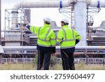 Engineers workers with tablet in a refinery - oil processing equipment and machinery, Industry zone gas petrochemical. Factory oil storage tank and pipeline. Workers in the refinery construction.