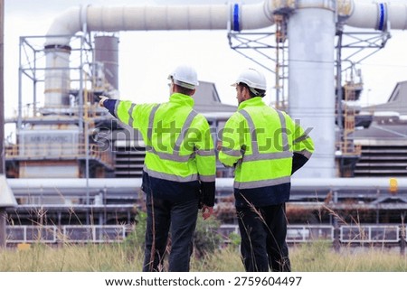 Engineers workers with tablet in a refinery - oil processing equipment and machinery, Industry zone gas petrochemical. Factory oil storage tank and pipeline. Workers in the refinery construction.