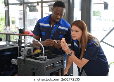 Engineers are working at 3D printing workshop. Engineering, technology.