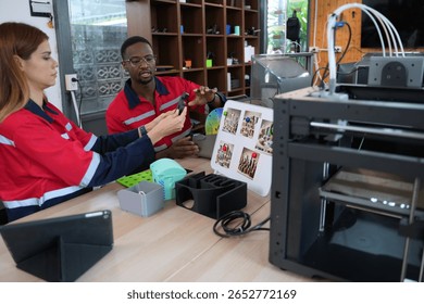 Engineers are working at 3D printing workshop. Engineering, technology.