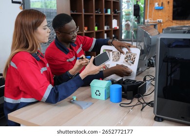 Engineers are working at 3D printing workshop. Engineering, technology.