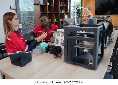Engineers are working at 3D printing workshop. Engineering, technology.