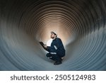 Engineers working inside a large steel pipe of a tunnel foundation. Workers involved in constructing a pipeline for transporting oil, natural gas, and fuel at an industrial factory.