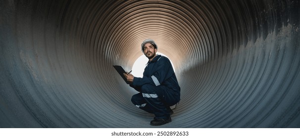 Engineers working inside a large steel pipe of a tunnel foundation. Workers involved in constructing a pipeline for transporting oil, natural gas, and fuel at an industrial factory. - Powered by Shutterstock