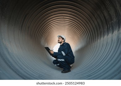 Engineers working inside a large steel pipe of a tunnel foundation. Workers involved in constructing a pipeline for transporting oil, natural gas, and fuel at an industrial factory. - Powered by Shutterstock