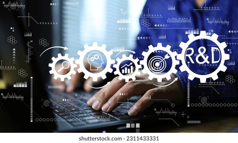 Engineers working on research and development through computer screens and gear icons as a continuous process as a process. New product development or software development concept.