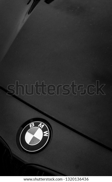 England. Derbyshire. 20/2/2019. Front bonnet of a\
BMW car. In black and\
white.