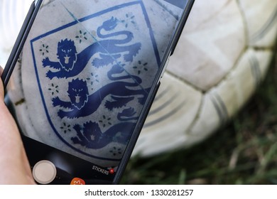 England. Derbyshire. 2/5/2019. Samsung Galaxy Phone With England Football Badge.