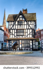 England, Hereford - 13 March 2016: The Old House, High Town, Bronze Bull Statue HDR Photography