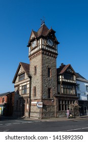 England, Ledbury, Oct 4th, 2015 - Clock Tower and library on the High Street in the town of Ledbury, Herefordshire, England.