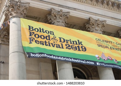 England, Manchester, Bolton: August 2019 - Bolton Food and Drink Festival on August Bank Holiday Weekend. The Food and Drink Festival sign on the Town Hall