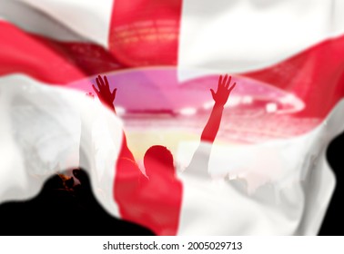england supporters - double exposure of England flag and football fans celebrating victory - Shutterstock ID 2005029713