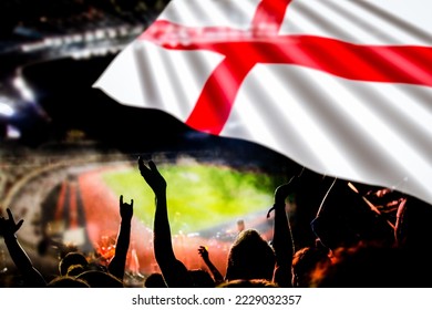england supporters - double exposure of England flag and football fans celebrating victory - Shutterstock ID 2229032357