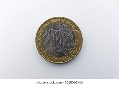 England UK 28/01/2020 A 2003 £2 Coin To Celebrate The 50th Anniversary Of The Discovery Of DNA Double Helix, Or Deoxyribonucleicacid In 1953, James D. Watson And Francis Crick Discovered The Structure