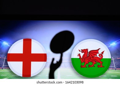 England Vs Wales, Six Nations Rugby Match, Rugby Ball In Hand Silhouette