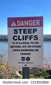 ENGLEWOOD, NJ - November 4, 2018: Danger, Steep Cliffs Warning Sign In Palisades Interstate Park.