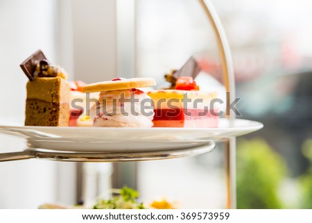 English afternoon tea desserts with beautiful breakfast snacks