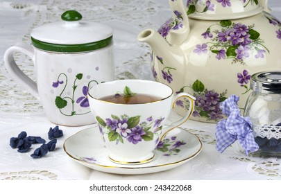 English Afternoon Tea With Sweet And Candied Violets