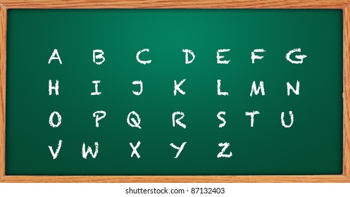 English alphabet handwritten with white chalk on a blackboard