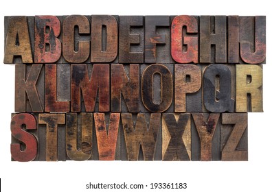 English Alphabet In Letterpress Wood Type Printing Blocks, Stained By Color Inks