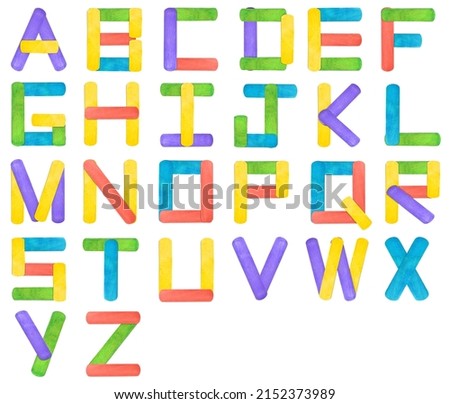 English alphabet made of colorful wooden ice cream sticks on white background