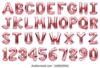 English Alphabet And Numbers Made Of Pink Golden Inflatable Helium Balloons Isolated On White. Rose Gold Foil Balloon Font, Full Alphabet Set Of Upper Case Letters And Numbers