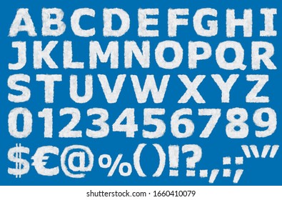 English alphabet numbers, punctuation and special characters made out of clouds put on blue background