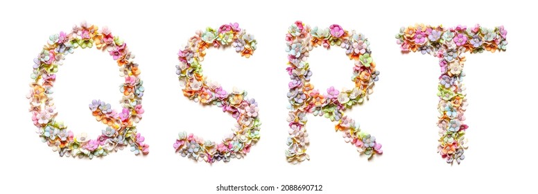 English Alphabet Q, S, R, T Made Of Flowers. Set Of Flora Font. Spring Summer Flower Font.