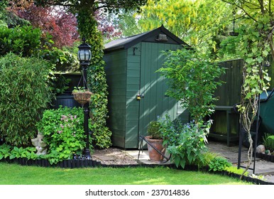 English Back Garden With Shed Amongst The Plants