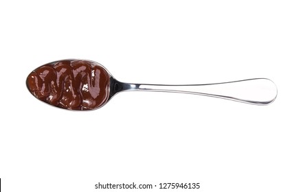 English Brown Sauce   In Small Metal Spoon Isolated On White Background,top View