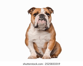 English Bulldog, 5 years old, sitting and looking at the camera showing a tooth, isolated on white, remastered