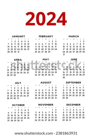 English calendar 2024 year with a white background . Annual vertical calendar in English for the year 2024 with 12 months