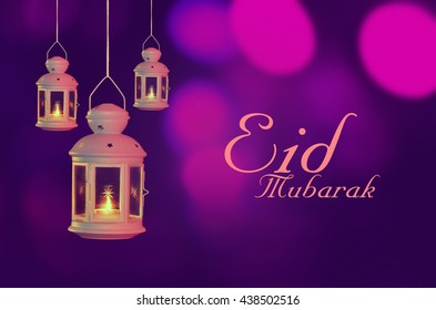 English Calligraphy Design Of Text Eid Mubarak For Muslim Festival. Purple Background.