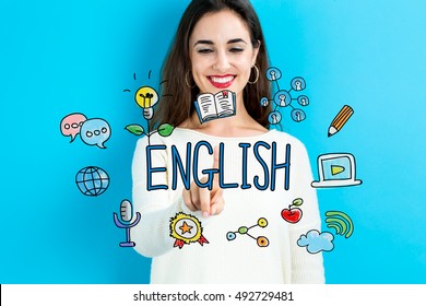 English concept with young woman on blue background - Shutterstock ID 492729481