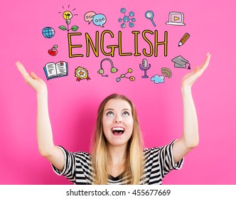 English concept with young woman reaching and looking upwards