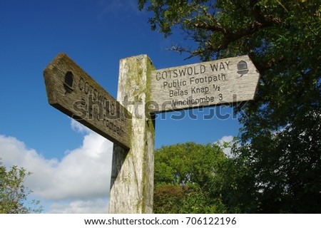 English Country Public Footpath Signpost near Winchcombe & Belas Knap in The Cotswolds
